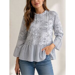 ZARA Woman Striped Floral Lace Blouse | Peplum Hem Long Sleeve Top Size M